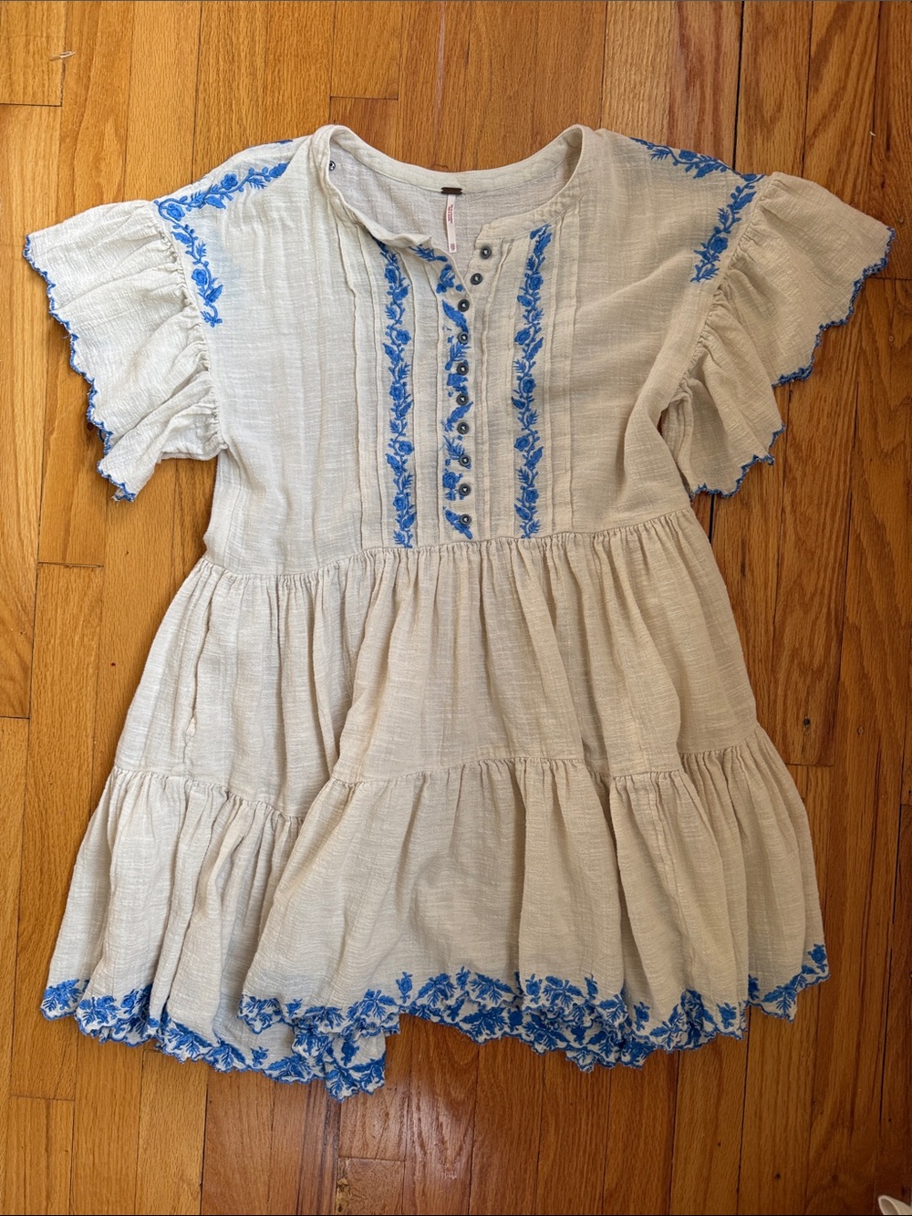 Free People Embroidered Blue & Cream Tiered Dress
